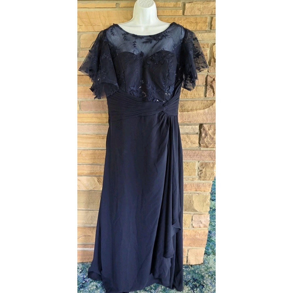 Navy Blue‎ Formal Evening Dress Lace Overlay Flutter Sleeves Lace Up Back